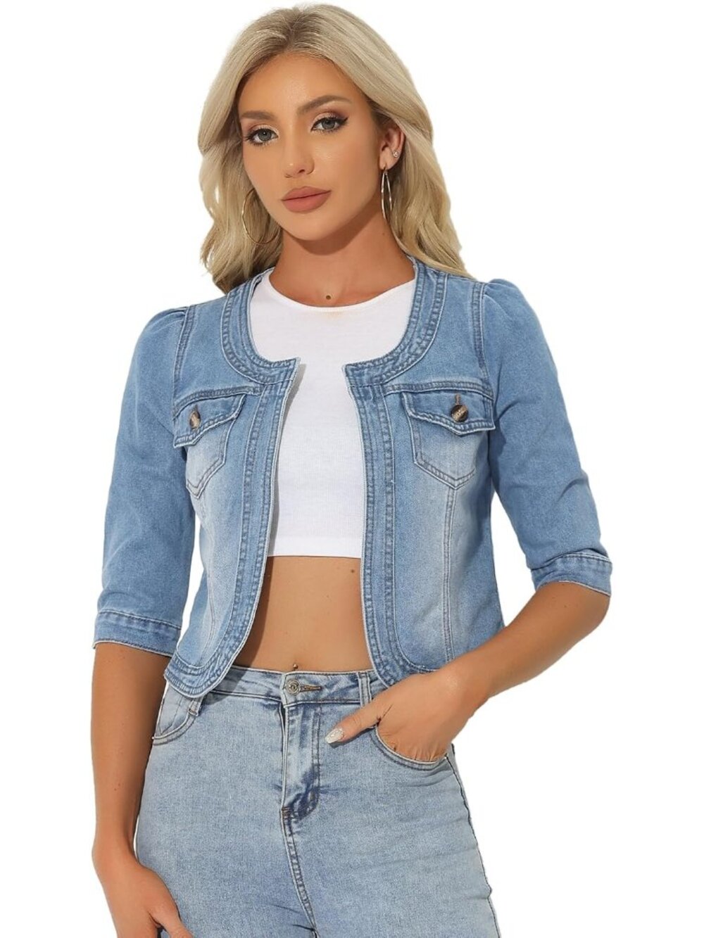 〽️Women Light Blue Denim Cardigan Jacket | Cropped 3/4 Sleeve Open Front Jean Ja